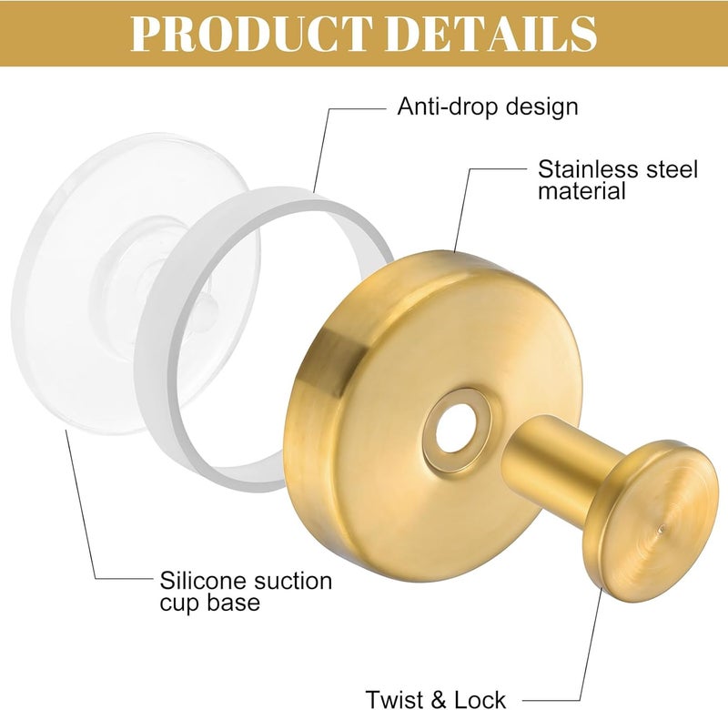 Dntorx Vacuum Suction Cup Hooks, 4 Pack Stainless Steel Suction Hooks for Shower Bathroom Towel Hooks Shower Hooks Holders Shower Hooks Hanging Towels, Loofah, Robe, Coat(Gold) - Image 3